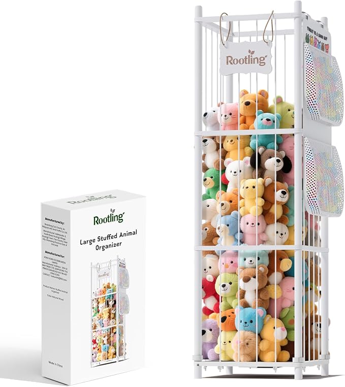 Stuffed Animal Storage & Organizer, 54 inch Tall Wooden Cute Zoo Toy Holder w/Building Block Storage Bag, Premium Wooden Material with Elastic Cord For Toddler Rooms, Playrooms (White, Large)