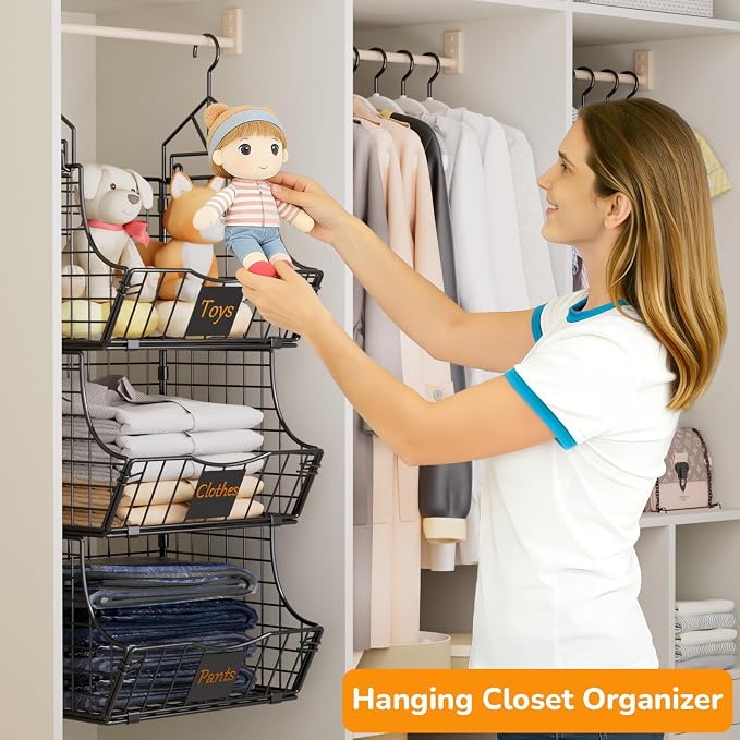 Hanging Closet Organizers and Storage, 3 Tier Closet Shelf Clothes Organizer with 2 S-Hooks, Multi-Functional Iron Wire Baskets, for Clothing, Sweaters, Handbags, Hat, Canned