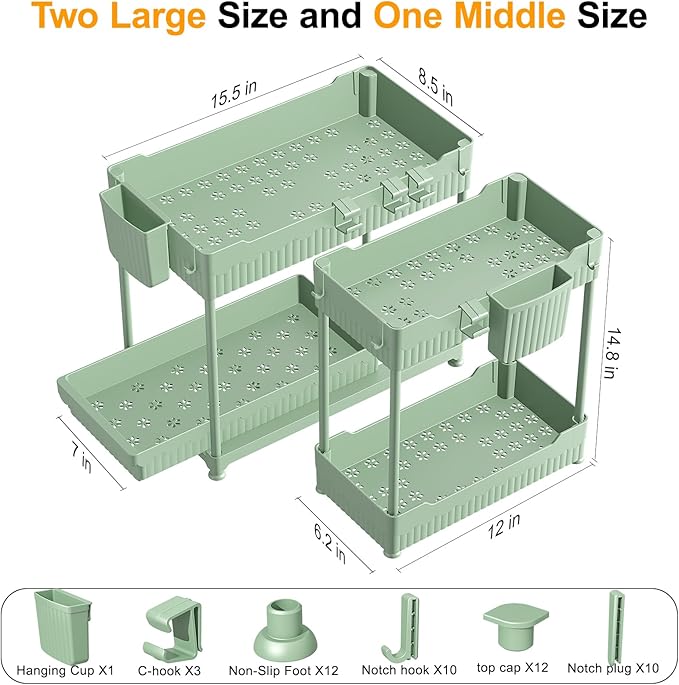 Sevenblue 3 Pack Under Sink Organizers, 2-Tier Multi-Use Kitchen and Bathroom Organizers and Storage with Sliding Drawers, Bathroom Cabinet Organizer (Green, 14.8 Inch)