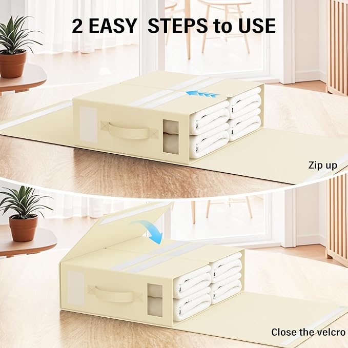 Foldable Bedding Organizer, Fabric Storage Bins for Bed Sheets, Duvet Covers and Pillowcases, Closet Organizer, Storage Container Boxes for Blankets, Clothes (4 pack(Queen or King), Beige)