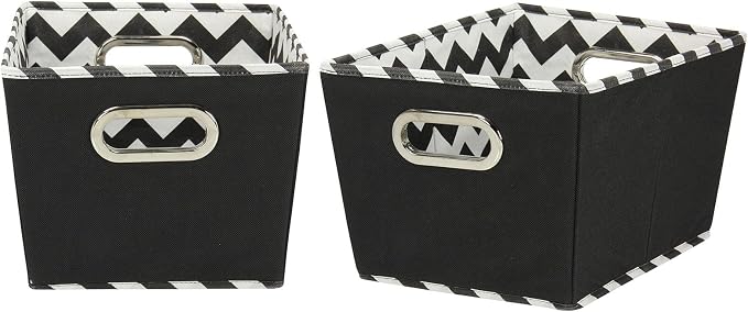 Household Essentials Fabric Storage Bins, Set of 2, Tapered KD Bins, PP Non-Woven Liner, Dual Grommet Handles, Folds for Compact Self-Storage, Attractive Chevron Print, Black