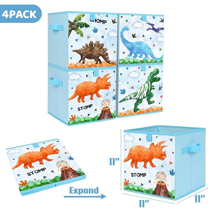 WERNNSAI Cube Storage Bins - 4 Pack Fabric Foldable Storage Cube Organizer for Kids Decorative Storage Baskets with Handles 11" x 11" Home Closet Nursery Room Bedroom (Dinosaur)