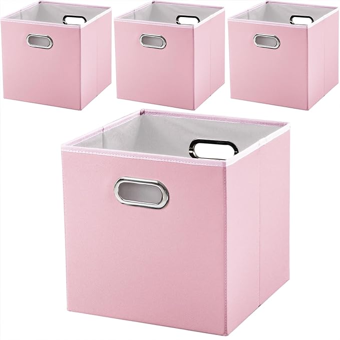 PRANDOM Leather Foldable Cube Storage Bins 11x11 inch [4-Pack] Fabric Storage Baskets Cubes Drawer with Cotton Handles Organizer for Shelves Nursery Closet Bedroom Clothes Pink