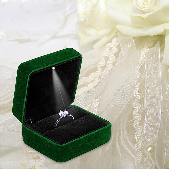 Ring Box with LED Light Velvet Emerald Jewelry Box