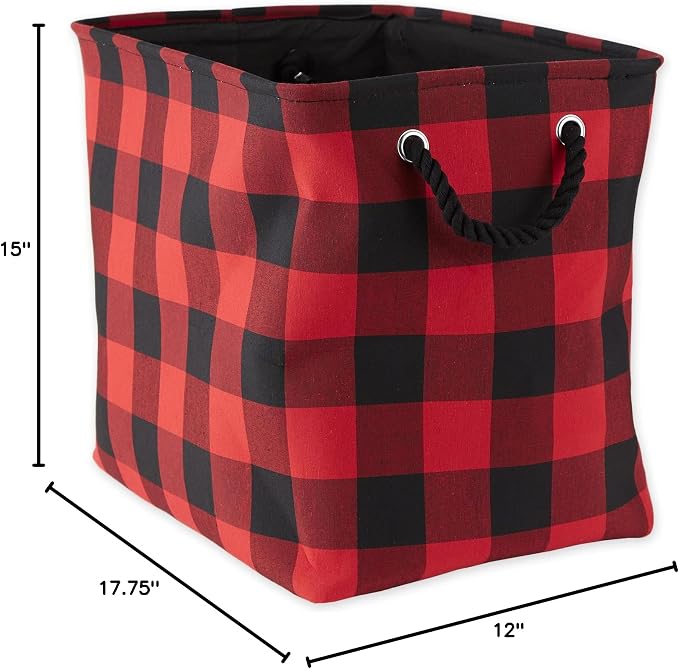 DII Buffalo Check Storage Collection Collapsible Bin with Handles, Large Rectangle, 17.5x12x15, Red & Black