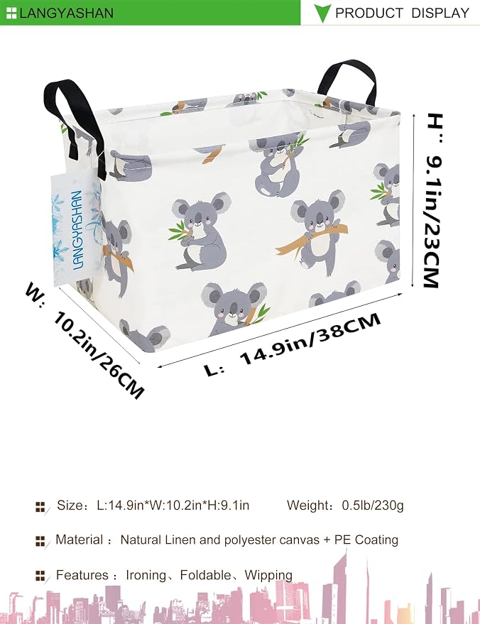 Rectangular Collapsible Gray Koala Storage Basket Nursery Toy Organizer | Storage Bin Foldable Canvas with Handles for Organizing Home Kitchen Children Toys Office Closet Shelf Baskets