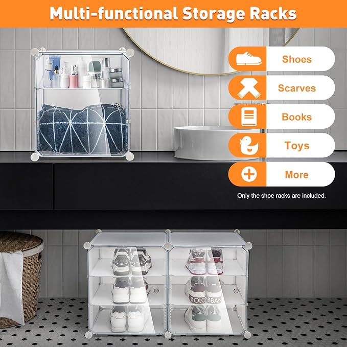 12Pcs 3-Layer Shoe Storage Box, Foldable Shoe Organizer Boxes Capable of Holding 72 Pairs, Plastic Shoe Organizer with Transparent Cover, Free Standing Shoe Rack Expandable for High Heels, Boots