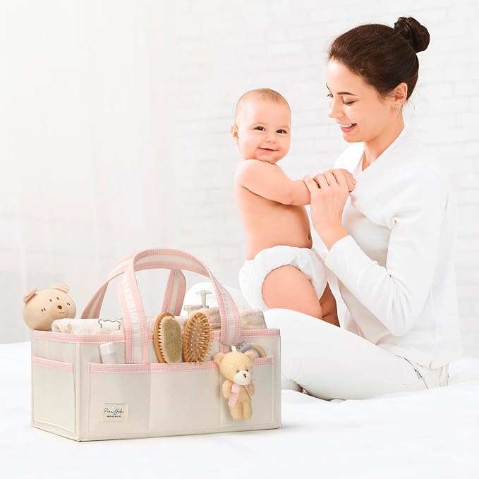 PeraBella Baby Diaper Caddy Organizer, XL Baby Basket Shower Gift Caddy, Portable Felt Changing Table Basket, Nursery Storage Bin, Newborn Boy and Girl Essentials for Registry, Car Diaper Organizer