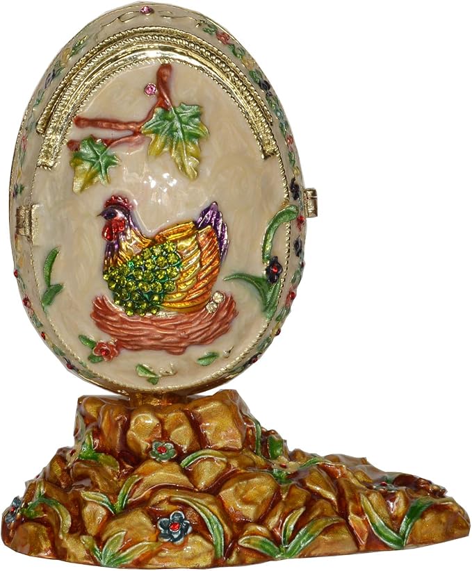 Rooster on Faberge Egg Trinket Box Jewelry Box Hand Painted Decorative Box with Hinged Lid Ring Earring Holder Easter Egg Collectible