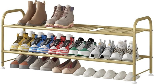 LINZINAR Shoe Rack Long 2 Tier Shoe Storage Organizer Metal Wide Shoe Shelf for Closet Entryway Bedroom 18 Paris Large Capacity, Gold