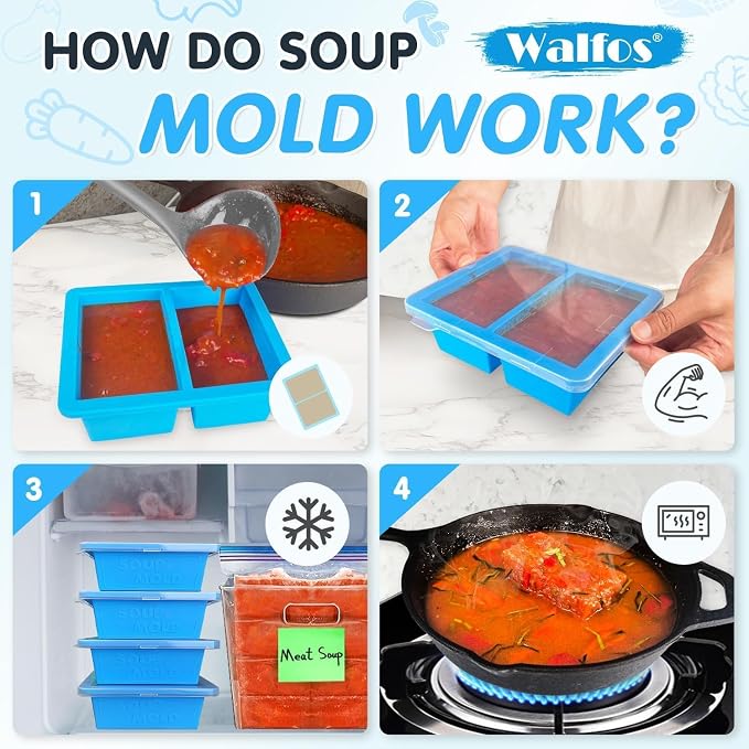 Walfos Silicone Freezer Tray with Lid - 1.5Cup Silicone Food Freezer Tray - Soup, Sauce, leftovers, Homemade Meal Prep Freezing Kitchen Storage Containers - 4pcs-blue