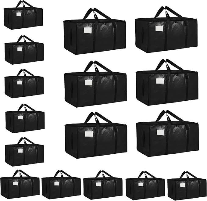 16 Pack-Extra Large Heavy Duty Moving Bags - Waterproof Storage Totes with Handles & Zippers, Foldable for College Dorm, Storage (Black)
