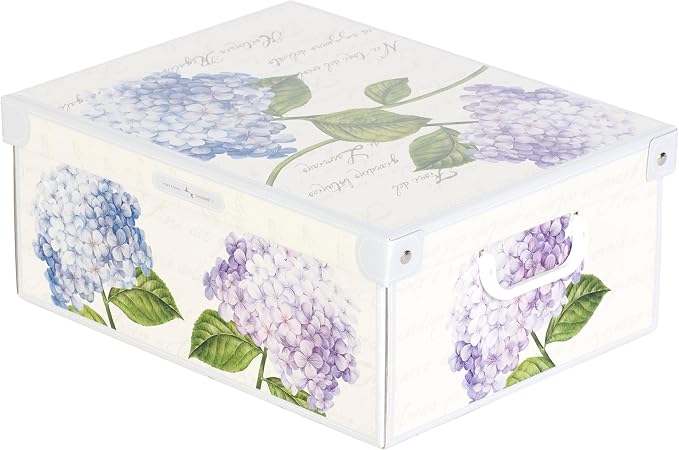 Lavatelli: Storage Box: Medium - Hortensia Hydrangeas - Lid & Handles, Decorative Cardboard Organizer, Stacks, Home-Clothes-Linens, 16.5 x 12.6 x 6.9