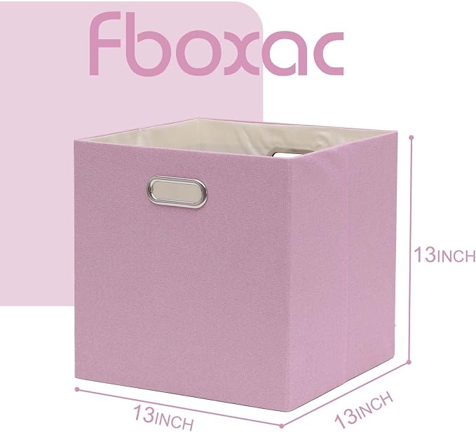 Cube Storage Bins 13x13 Linen Foldable Box with Handles, Collapsible Organization Basket Set of 4 Large Capacity Drawer for Closet Shelf Cabinet Bookcase Bedroom,Pink