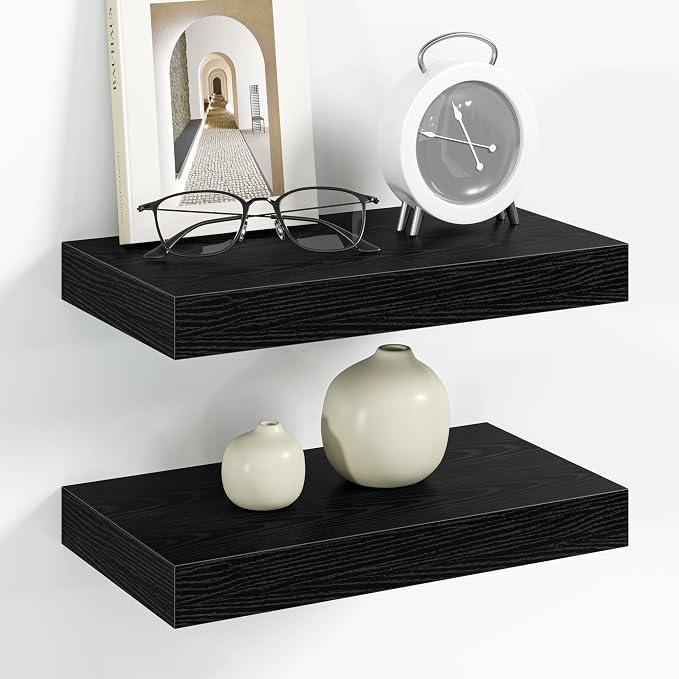 Vivelove 12 Inch Floating Shelves Wall Mounted for Display, 6.5 Deep Duty Shelves with Invisible Brackets for Living Room,Bedroom,Kitchen, Bathroom Storage & Decor,12" Wx6.5 Dx1.4 H - Black
