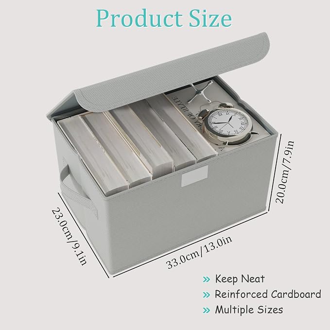 Foldable Storage Bins, Closet Boxes, 4 Pack, Grey, 13x9x7.9 In | Cube Organizer Basket with Flip-Top Lid and 2 Handles, Decorative Boxes for Shelves with Cover for Clothes, Towels, Blanket
