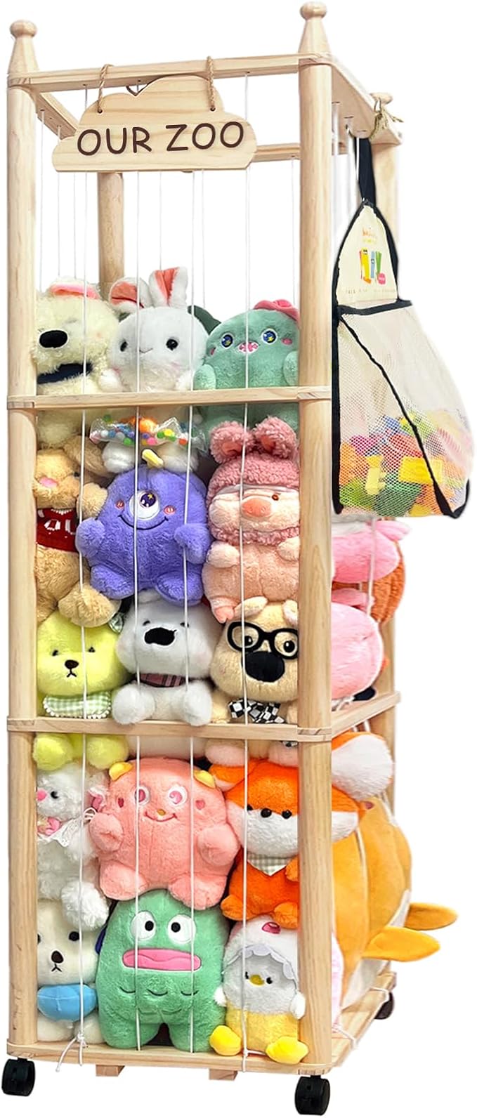 Pmbqifay Stuffed Animal Storage/Organizer Cute Wooden Stuffed Animal Zoo Storage Plush Toy Holder Cage for Nursery Toddler Rooms,Playrooms & Bedrooms with Toy Storage Bags for Building Blocks,Puzzle
