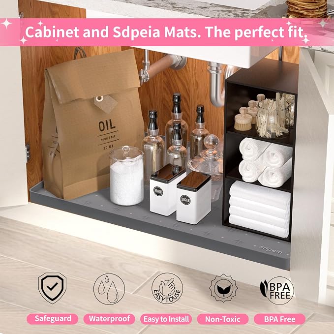Sdpeia Under Sink Mat 28"×22" Waterproof Silicone Cabinet Liner & Sink Protector for Kitchen & Bathroom, Multi-Purpose Organizers Tray for Pets, Laundry, Cat Litter Mat,Gray