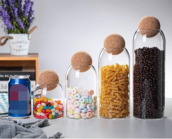4 Pack Lead-free glass bottle sealed jar with spherical cork , nut storage coffee bean Mason Jars Food Storage Canister for Serving Spice Sugar Salt Tea Coffee