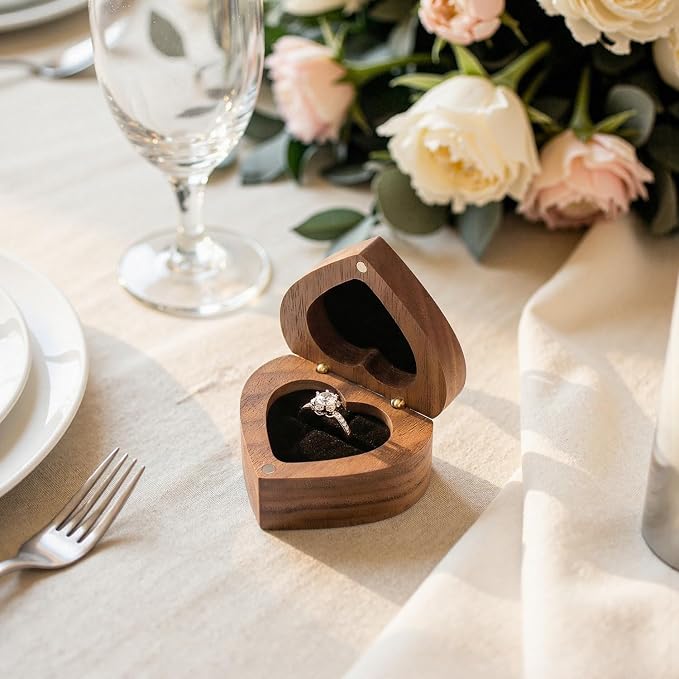 Engagement Proposal Ring Box Secret Slim Storage Wooden Heart Case | Walnut Wood Ring Bearer Box Jewelry Storage Holder Collection & Display for Wedding Ceremony Commemoration Day