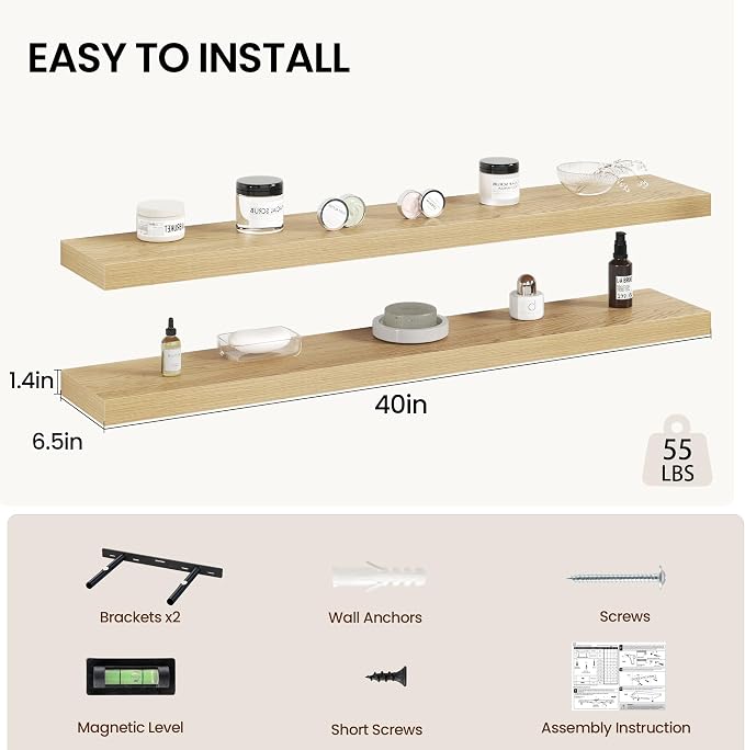 Vivelove 40 Inch Floating Shelves Wall Mounted for Display, 6.5 Deep Duty Shelves with Invisible Brackets for Living Room,Bedroom,Kitchen, Bathroom Storage & Decor,40" Wx6.5 Dx1.4 H - Oak