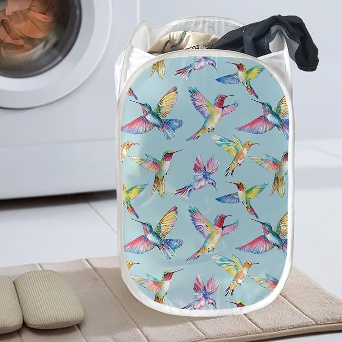 AFPANQZ Strong Mesh Pop-up Laundry Hampers Large Laundry Baskets with Extra Pocket, Colorful Hummingbird Easy to Open and Fold for Travel Save Place Bathroom Laundry Room 61L