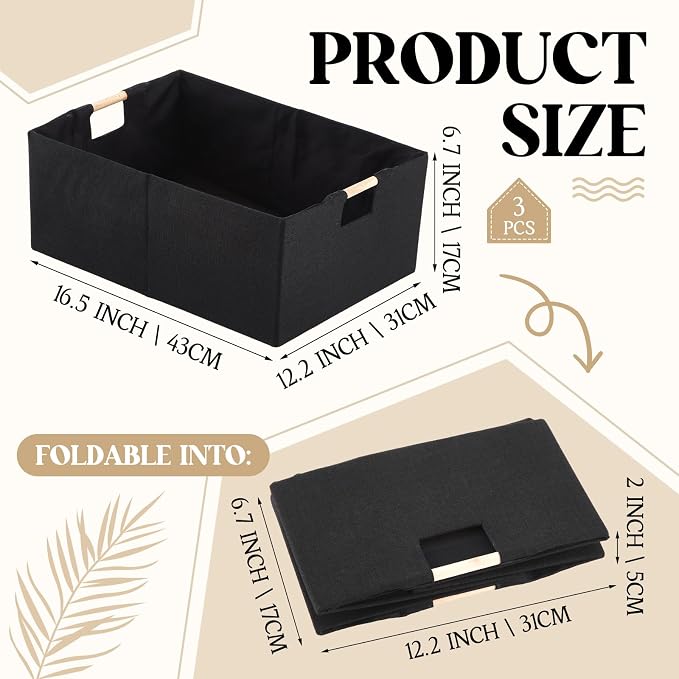 Cinnvoice 3 Pack Fabric Storage Bins for Closet Shelves, 16.5 x 12.2 x 6.7 Inch Black Rectangle Wardrobe Organizer with Handle, Collapsible Shelves Storage Basket for Sorting Clothes and Toy