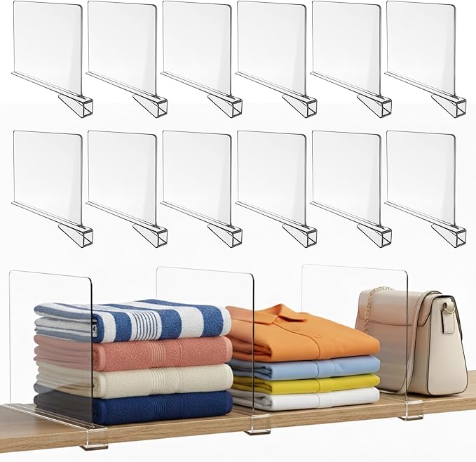 Acrylic Shelf Dividers for Closet Organization, 6-Pack Premium Quality Reinforced Material Closet Organizers and Storage, Perfect for Purse, Sweaters, Towels, Shoes, and Books Organization