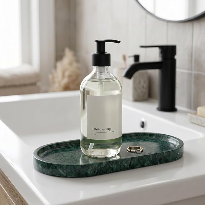 YKAJO Jade Green Oval Marble Tray, 9.8x4.7 Vanity Perfume Organizer Dish | Honed natural stone; jewelry & trinket dish, ring & key holder, soap & candle catchall; bath counter, dresser, coffee table