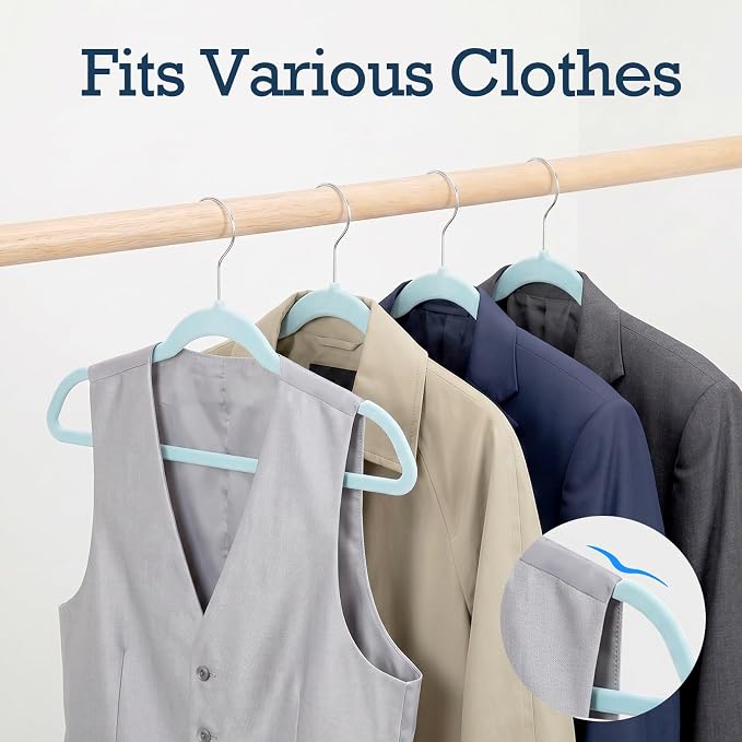 HOUSE DAY Sky Blue Velvet Hangers 60 Pack, Non Slip Clothes Felt Hanger Heavy Duty for Coat, Premium Slim Space Saving Suit Hangers for Closet Organizer, 360° Rotating Silver Hook