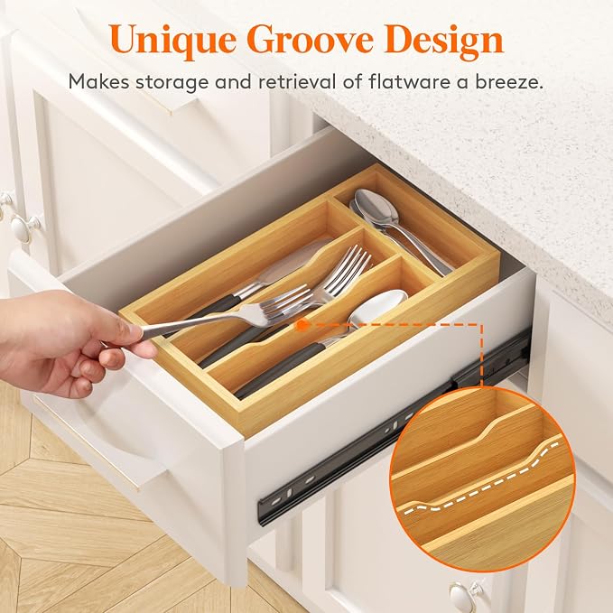 Lifewit Silverware Drawer Organizer, Expandable Utensil Tray for Kitchen, Flatware and Cutlery Holder, Wood Adjustable Storage for Spoons Forks Knives, 6.9 x 12.8, Natural
