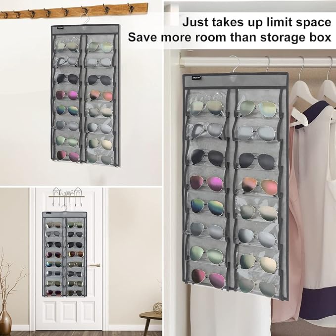 Dual Sided Hanging Sunglasses Organizer Wall Eyeglass Holder Sunglass Rack for Home with 32 Dust Proof Pockets (32 Pockets-Grey)