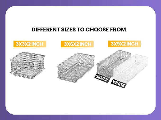 YBM Home Silver Mesh Drawer Organizer and Storage for Kitchen Drawers, Serves as School Supply Holder, Office Desktop Organizer Basket, Makeup and Craft Supplies Organization, (2 Pack, 8x12x2 Inch)