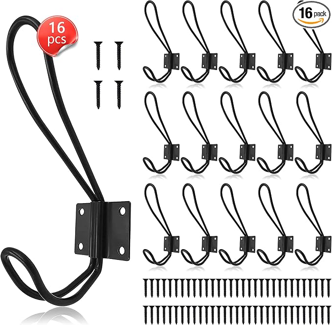 Hajoyful Rustic Entryway Hooks-16 Pack Farmhouse Hooks with Metal Screws Included, Black Decorative Wall Mounted Rustic Coat Hooks Rack, Double Vintage Organizer Hanging Wire Hook Clothes Hanger