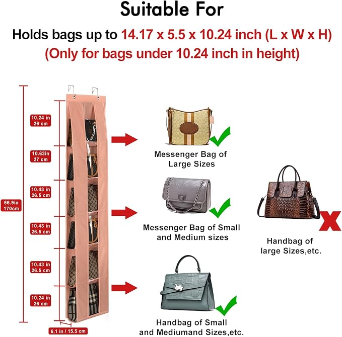 Lirex Over The Door Purse Organizer, Space-Saving Medium and Large Handbag Storage Organizer Clothing Closet Hanger, Light Pink