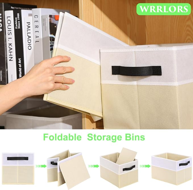 Large Shelf Storage Bins [4 Pack],Decorative Collapsible Storage Basket,Fabric Closet Organizer and Home Storage Cubes with Handles for Organizing Books, Clothes, Toys, Nursery（Beige）