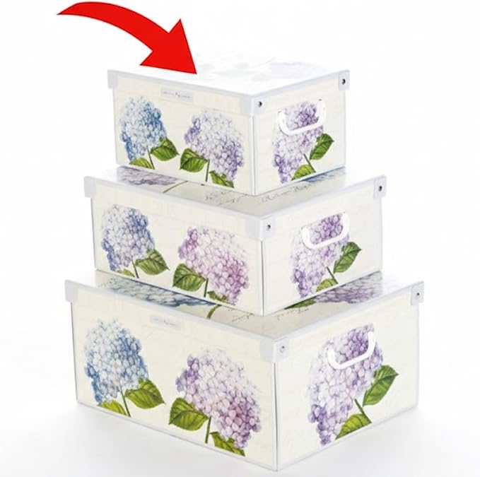Lavatelli: Storage Box: Small - Hortensia Hydrangeas - Lid-Side Handles, Decorative Cardboard Organizer, Folds, Home-Clothes-Linens, 13.8 x 9.8 x 6.9