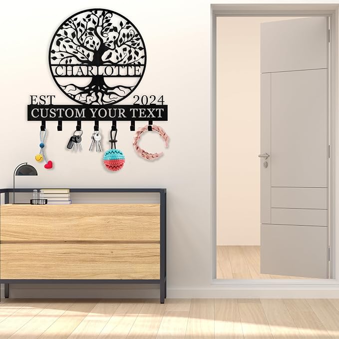 Dyoart, Personalized Key Holder Wall Mount - Custom Name Tree of Life Key Holder for Wall, Metal Key Rack Coat Rack for Front Door, Living Room, Kitchen, Housewarming Wedding Gift