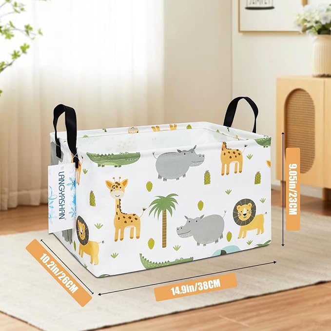 Rectangular Collapsible Animal Storage Basket Nursery Organizer | Storage Bin Foldable Canvas with Handles for Organizing Home Kitchen Children Toys Office Closet Shelf Baskets