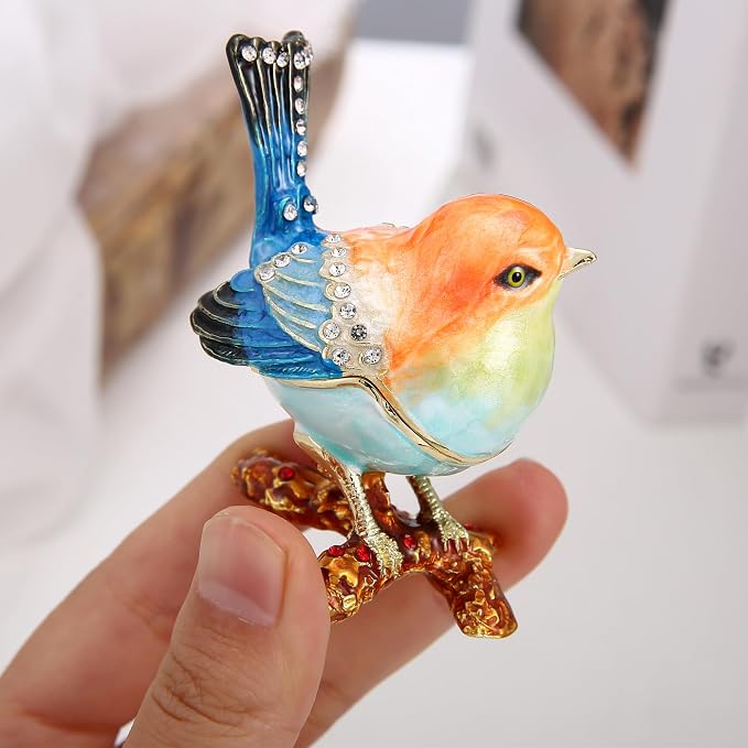 Hand Painted Enamel Robin Bird Trinket Box for Home Decor, Hinged Jewelry Organizer for Ring Earrings, Unique Figurine Keepsake Collectible Personalized Handmade Ornament Gifts (Multi-Sparrow)