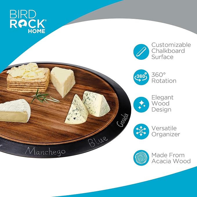 BIRDROCK HOME 18" Chalkboard Lazy Susan | Food Labels | Table Top Turntable | Cabinet or Pantry Organizer | Decorative Spice Rack Medicine Cleaning Spinning Table | Wood - Large