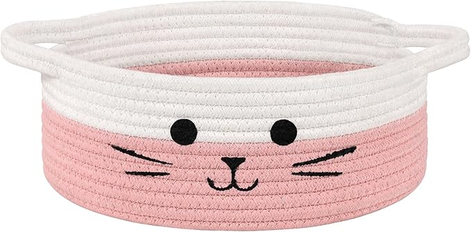 Cute Cat Toy Basket, Decorative Baby Gift Basket for Girls, Small Woven Baskets for Nursery Living Room, White & Pink, 9.8 x 4 inches