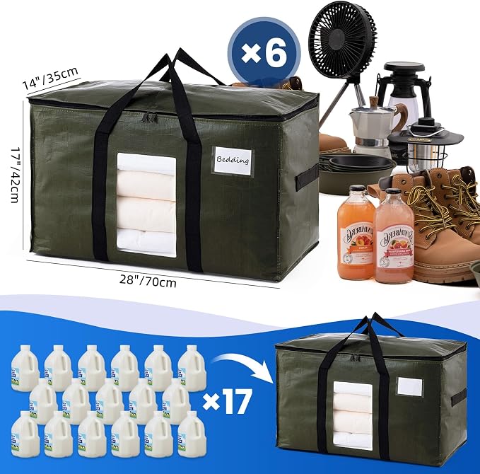 TAILI 6 Pack Green Extra Large Moving Bags, Heavy Duty Totes with Visible Window, Wrap Around Handles, Space-Saving Storage, Alternative to Moving Boxes