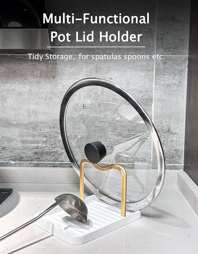 Anti-Rust Metal Spoon Rest with Lid Holder, Heat-Resistant Pot Lid Rest, Multifunctional Spatula Holder While Cooking for Stovetop and Kitchen Counter – Gold White