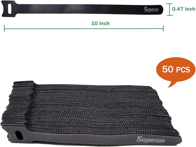 Superun 50 Pcs Black 10 Inch Fastening Cable Ties Reusable Cord Organizer, Adjustable Hook and Loop Wire Wrap Cable Management