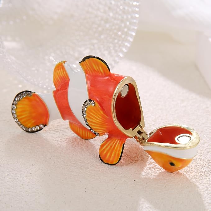 Hand Painted Animal Trinket Box for Home Decor, Hinged Jewelry Organizer Storage, Unique Personalized Collectible Keepsake Figurine Handmade Decorative Ornament Gifts (Clownfish)