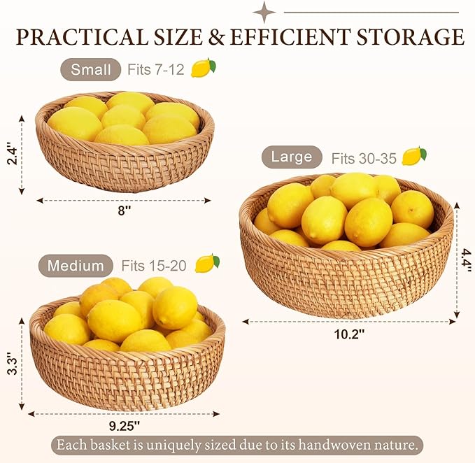 Rattan Fruit Basket for Kitchen Counter, Natural Wicker Bread Basket for Serving, Hand Woven Food Baskets, Decorative Bread Baskets for Serving, Fruits, Snacks, Candies, Nuts, Keys, Etc.(Round-Combo)