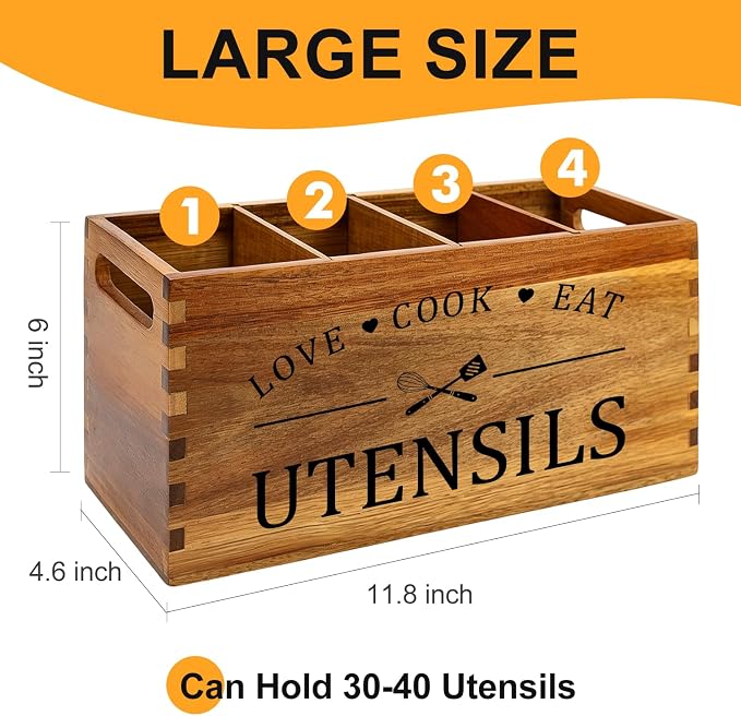 Acacia Wood Kitchen Utensil Holder Countertop Large Cooking Spoon Organizer | Farmhouse Wooden Spatula Holder for Party Counter Utensils Caddy Rustic Kitchen Accessories Decor Extra Large Utensil Crock
