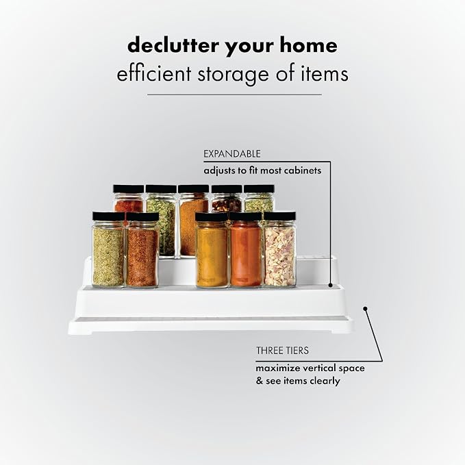 madesmart Shelf Organizer - White | CABINET COLLECTION | 3-Tier Cabinet, Pantry, or Countertop Organizer | Soft-grip Lining and Non-slip Fee | BPA-Free