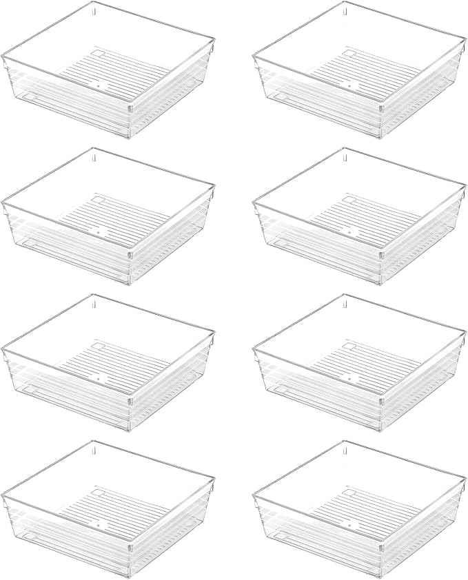 Clear Plastic Drawer Organizer Tray for Vanity Cabinet (6"×6"×2"，Set of 8),Storage Tray for Makeup, Kitchen Utensils, Jewelries, and Gadgets…